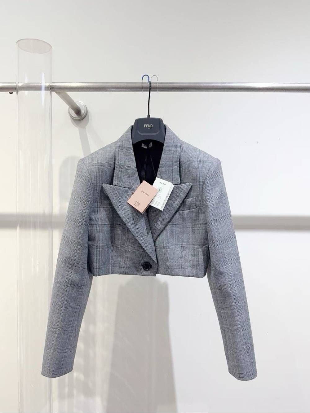 Miu Miu Light Gray Glen Plaid Cropped Blazer